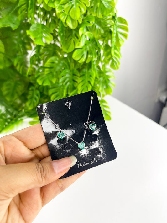 Conjunto Coração Turmalina - Prata 925