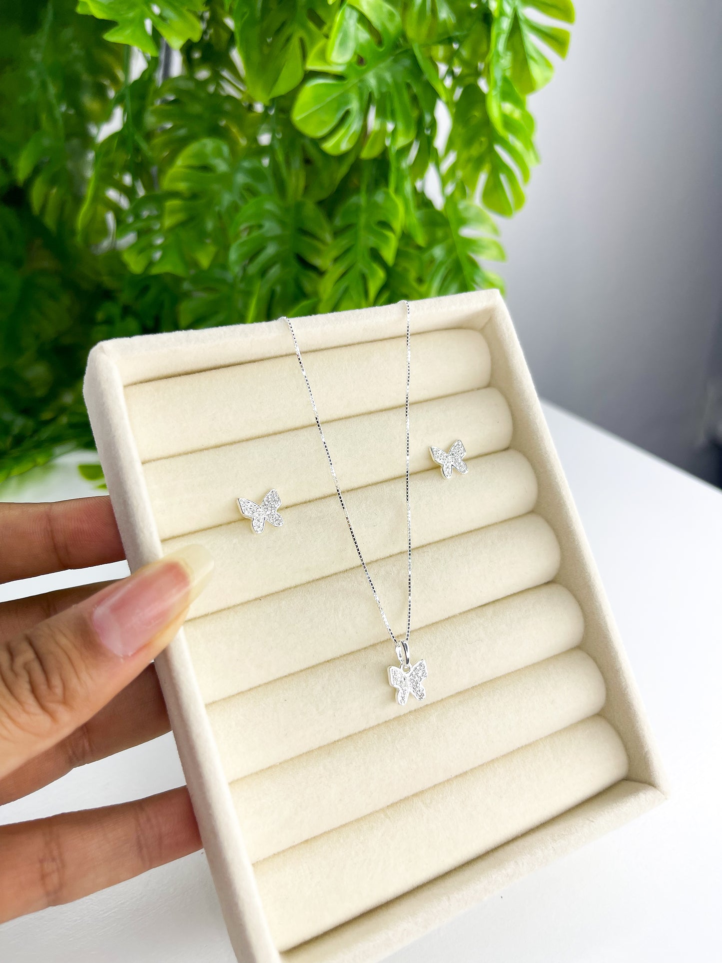 Conjunto Borboleta Cravejada - Prata 925