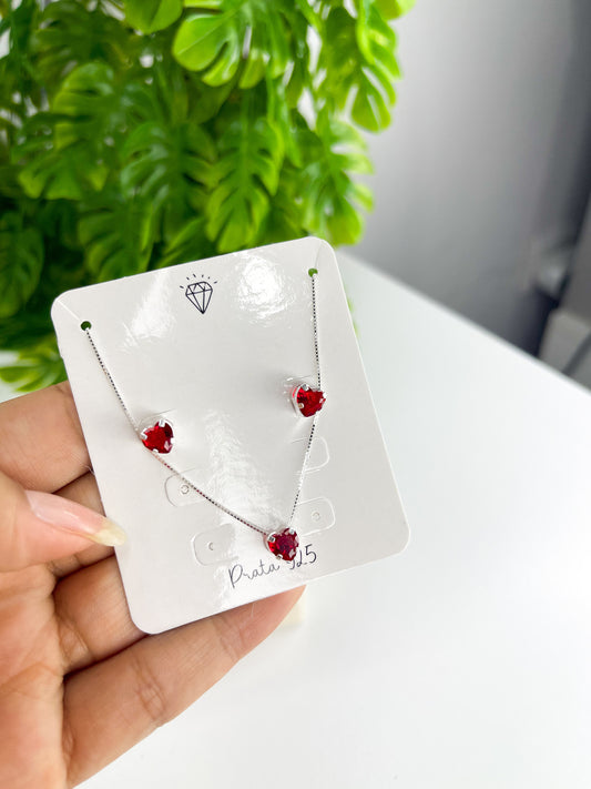Conjunto Coração Vermelho 6mm - Prata 925