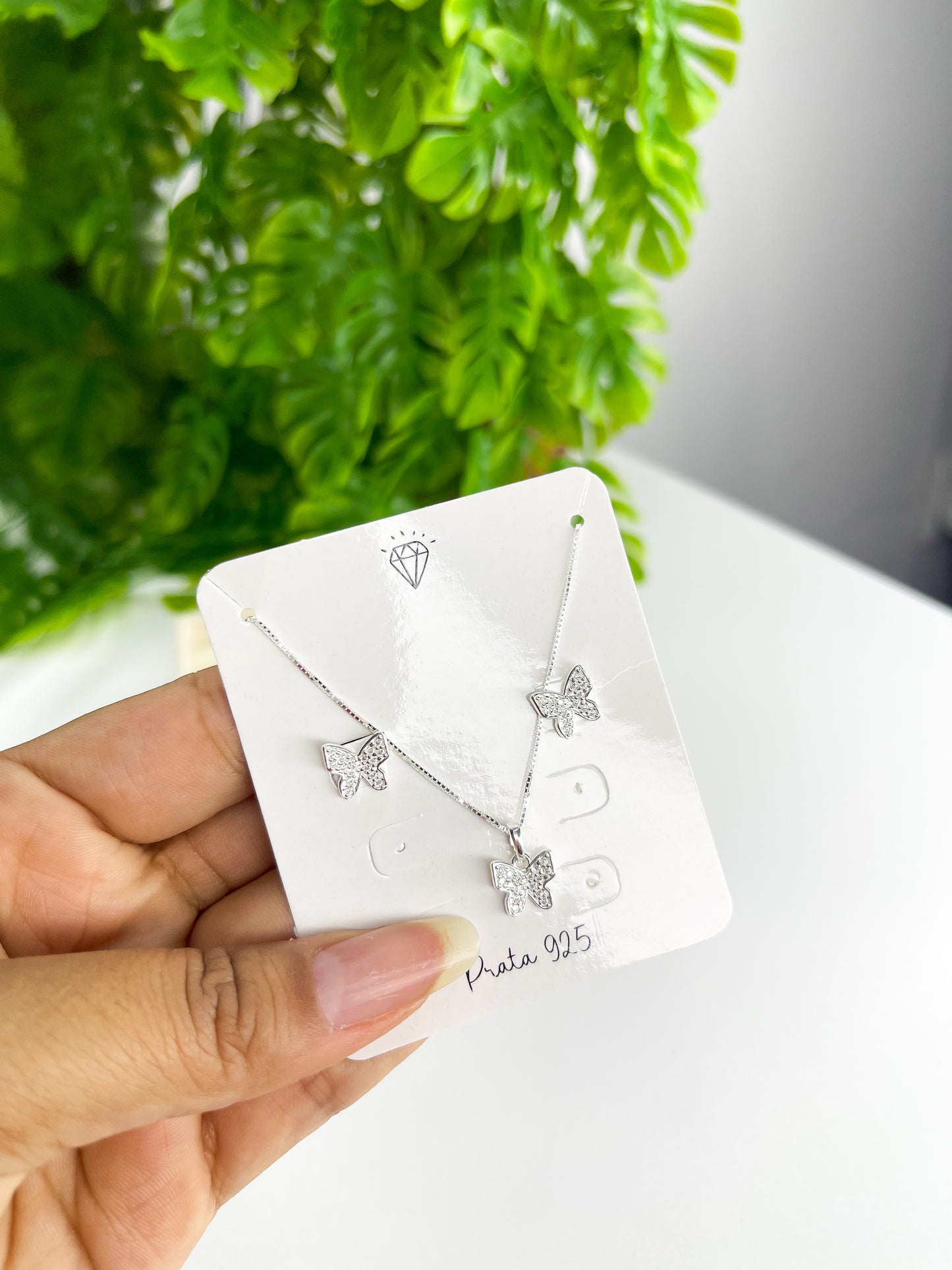 Conjunto Borboleta Cravejada - Prata 925