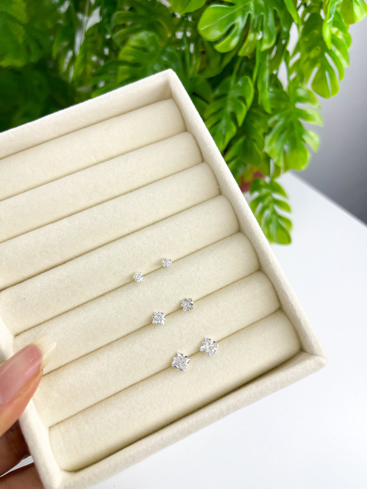 Trio de Brincos Ponto de Luz Quadrado - Prata 925