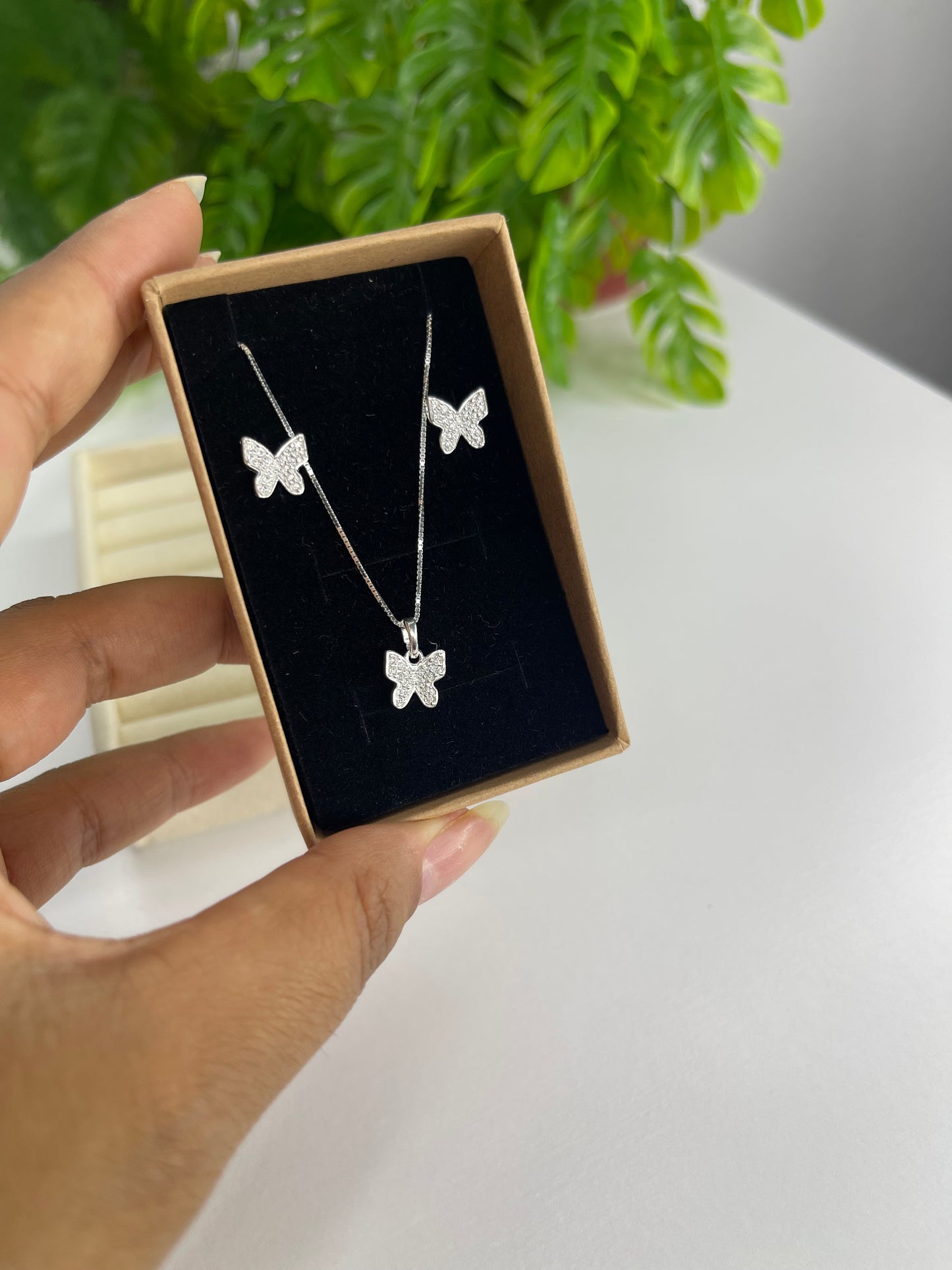 Conjunto Borboleta Cravejada - Prata 925