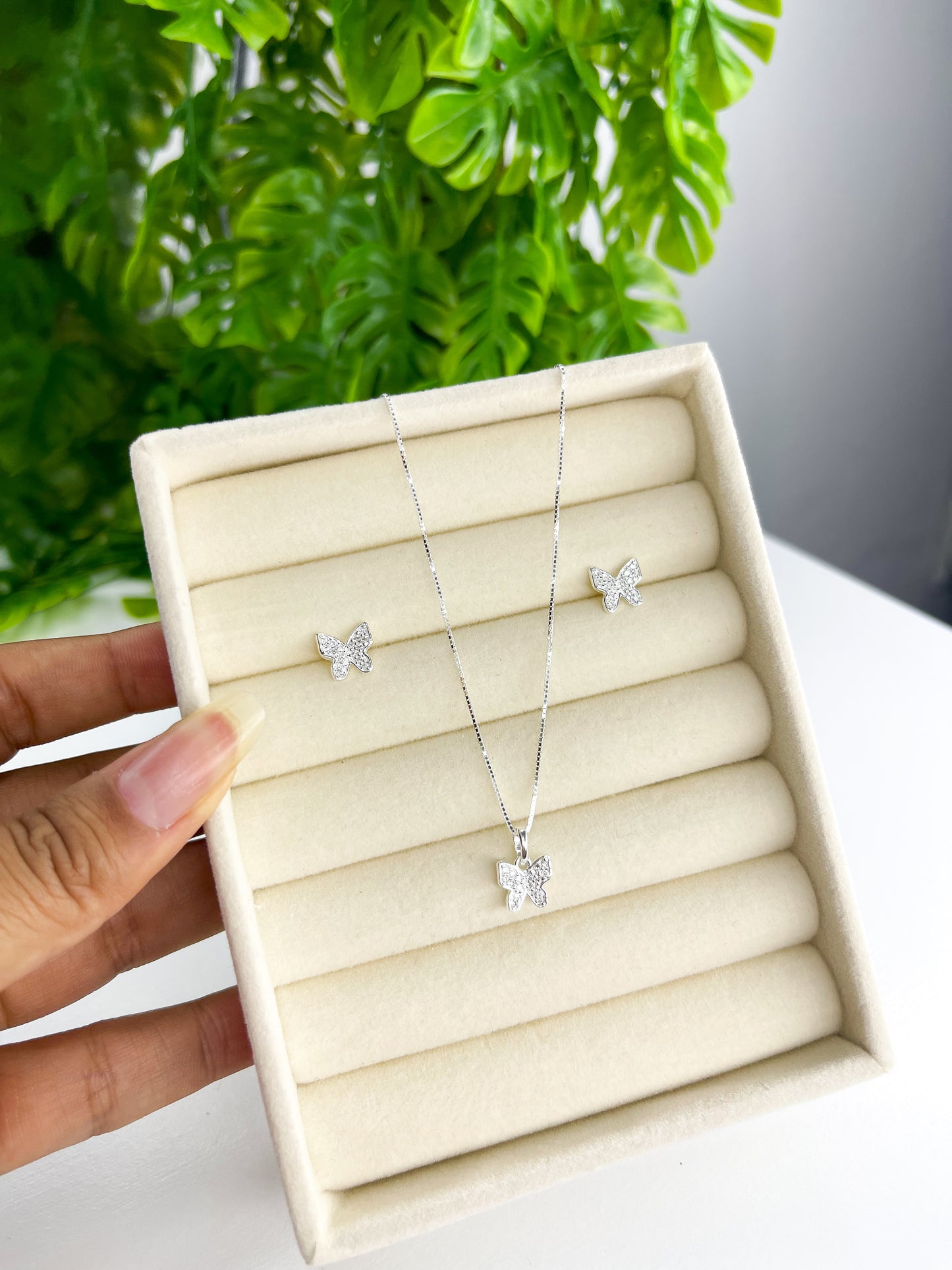 Conjunto Borboleta Cravejada - Prata 925