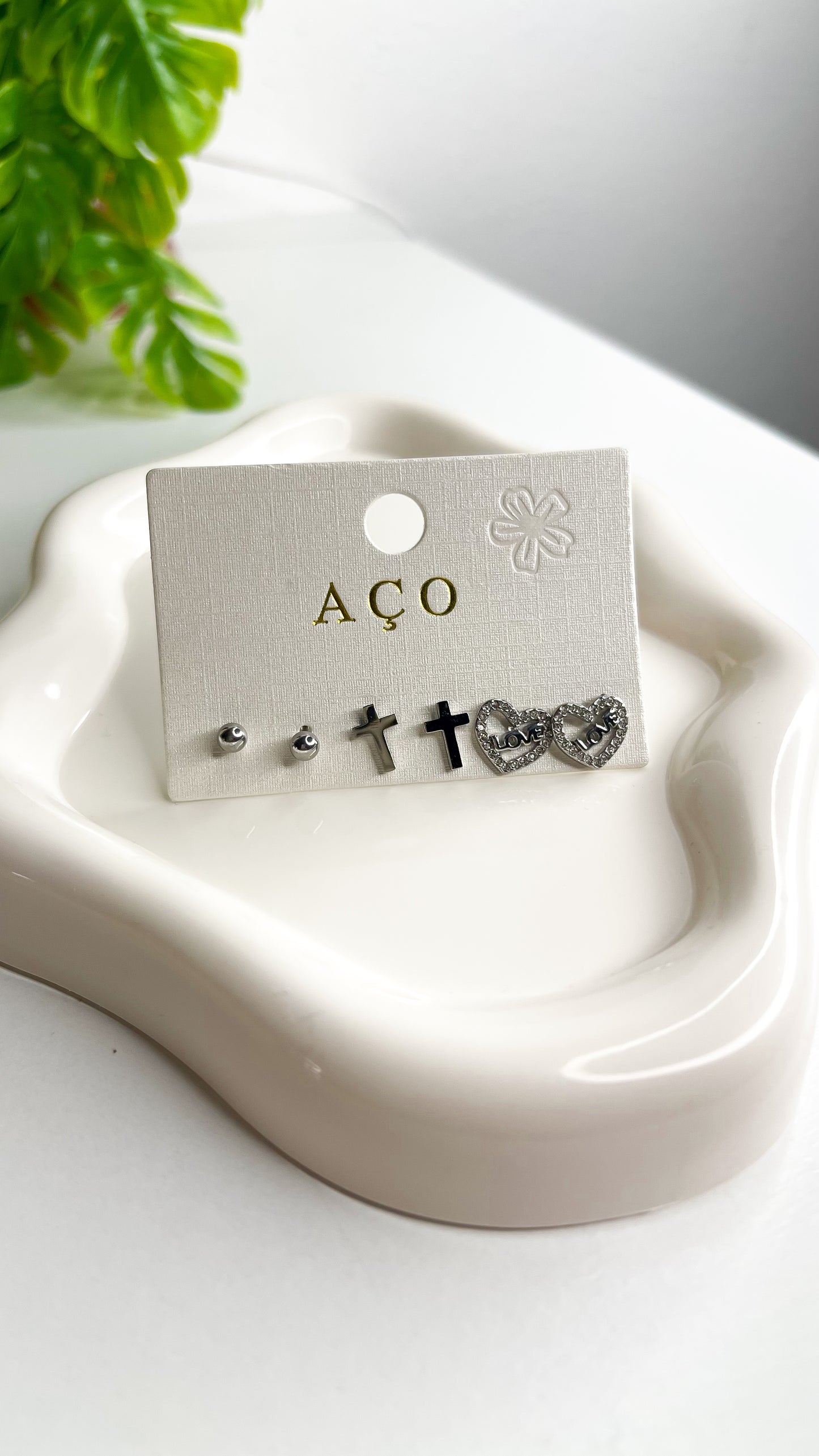 Trio de Brincos Amor & Fé - Aço Inoxidável