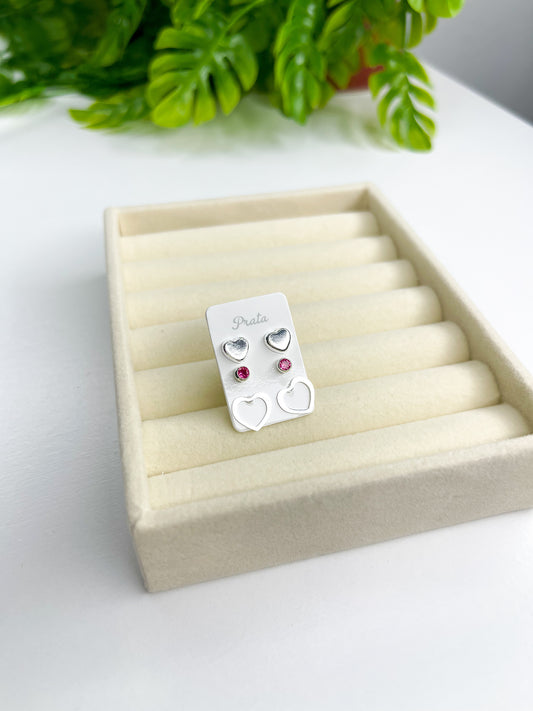 Trio de Brincos Coração, Zircônia e Coração Vazado - Prata 925