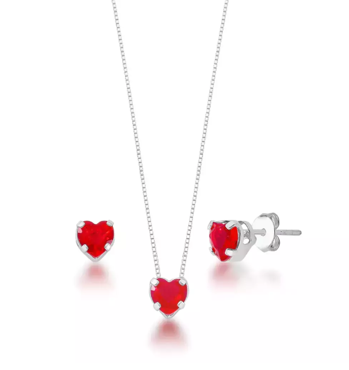 Conjunto Coração Vermelho 6mm - Prata 925