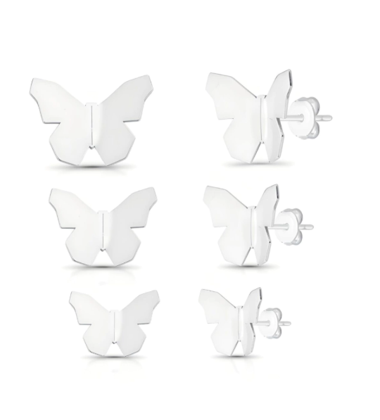 Trio de Brincos Borboleta Origami - Prata 925