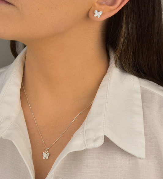Conjunto Borboleta Cravejada - Prata 925