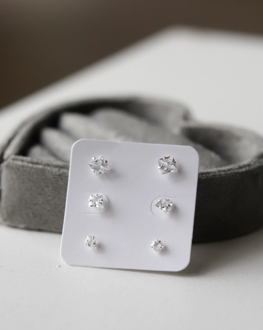 Trio de Brincos Ponto de Luz Quadrado - Prata 925