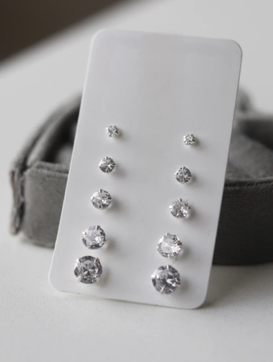Kit Quíntuplo 5 Pares de Brincos Zircônia Redonda - Prata 925