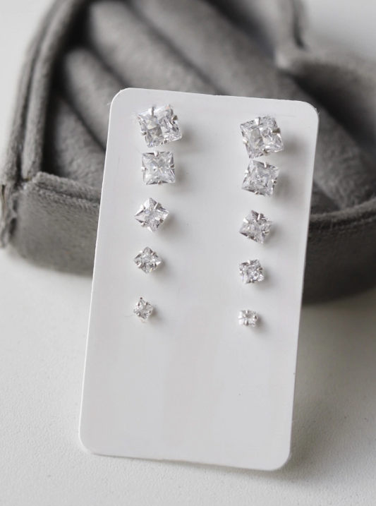 Kit Quíntuplo 5 Pares Brincos Zircônia Quadrada - Prata 925