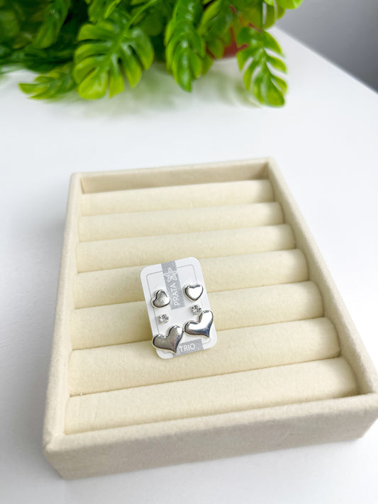 Trio Brinco Corações e Zircônia - Prata 925
