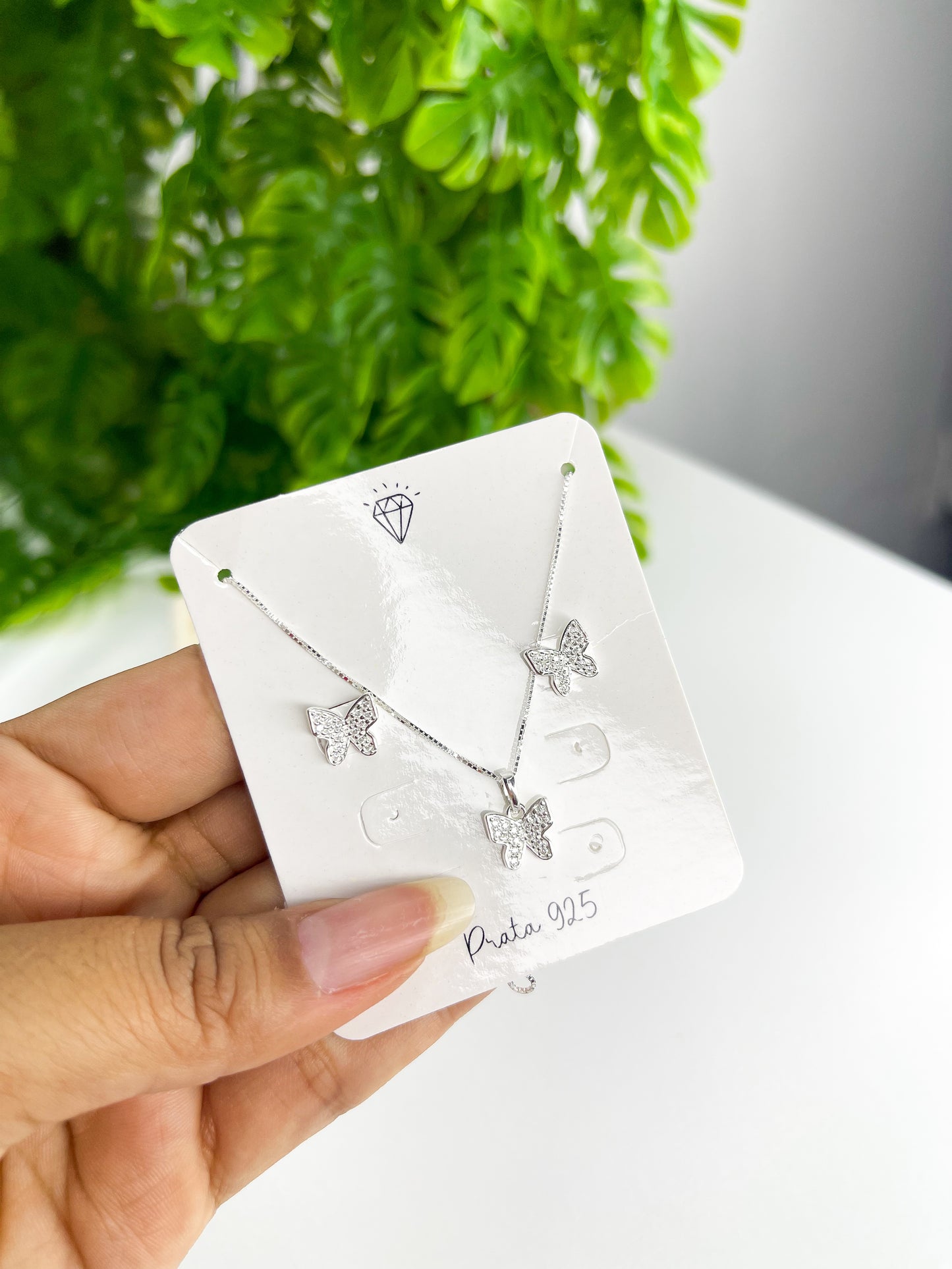 Conjunto Borboleta Cravejada - Prata 925
