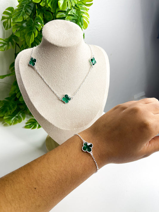 Conjunto colar + pulseira Virgínia - verde - Prata 925