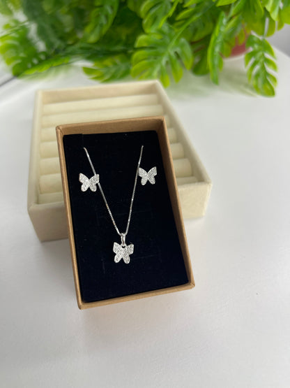 Conjunto Borboleta Cravejada - Prata 925