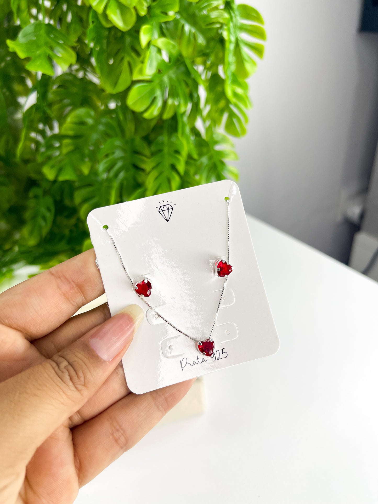 Conjunto Coração Vermelho 6mm - Prata 925