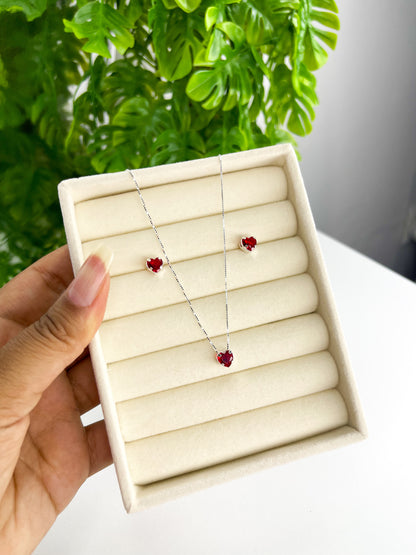 Conjunto Coração Vermelho 6mm - Prata 925