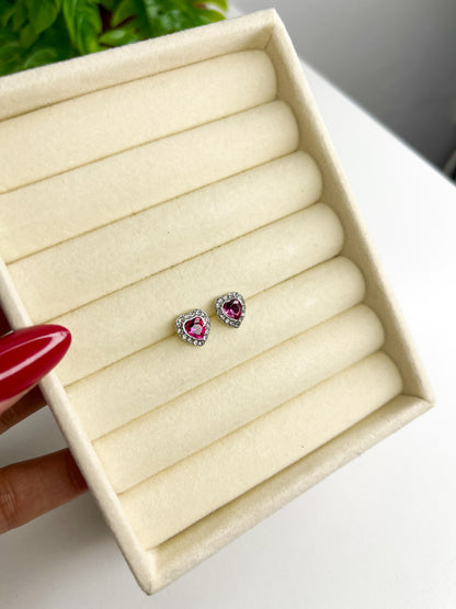 Brinco Coração Rosa Cravejado Inspiração SW- Aço Inoxidável