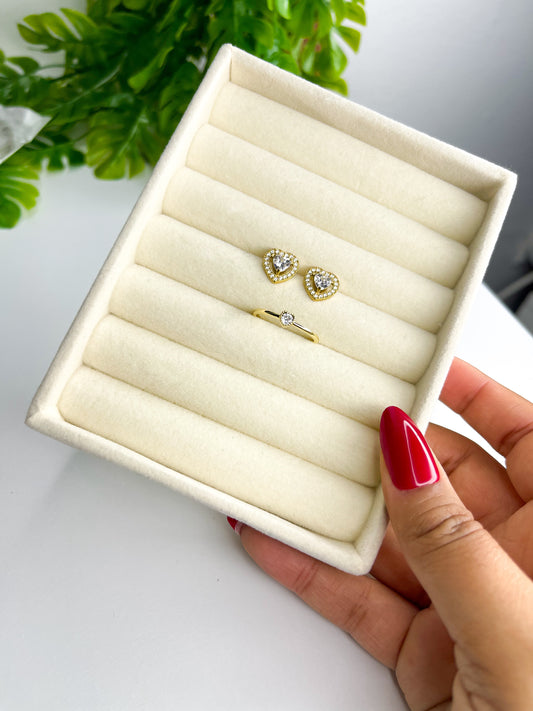 Conjunto Coração cravejado - anel e brincos - Aço inoxidável