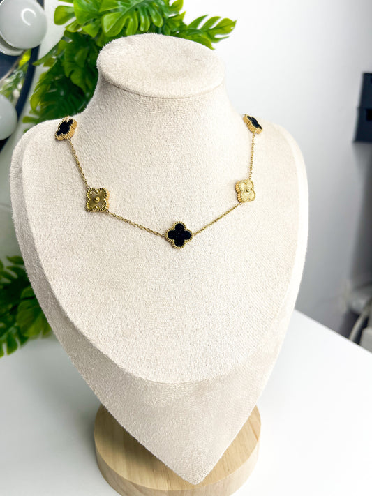 Colar Trevo Ônix Preto - Aço Inoxidável