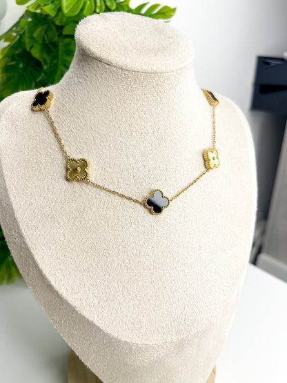 Colar Trevo Ônix Preto - Aço Inoxidável