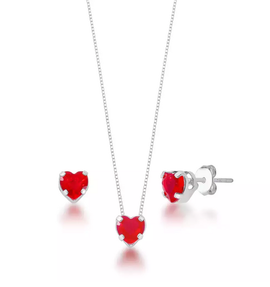 Conjunto Coração Vermelho 6mm - Prata 925