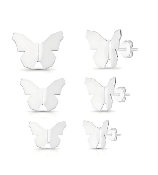 Trio de Brincos Borboleta Origami - Prata 925
