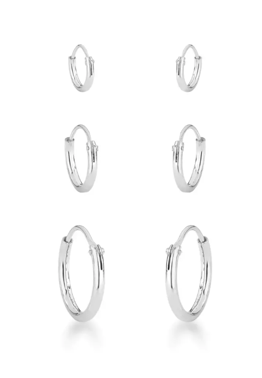 Trio de Brincos Argola Redonda Rebitada - Prata 925