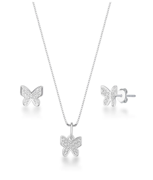 Conjunto Borboleta Cravejada - Prata 925