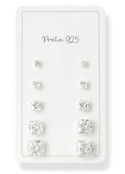 Kit Quíntuplo 5 Pares Brincos Zircônia Quadrada - Prata 925