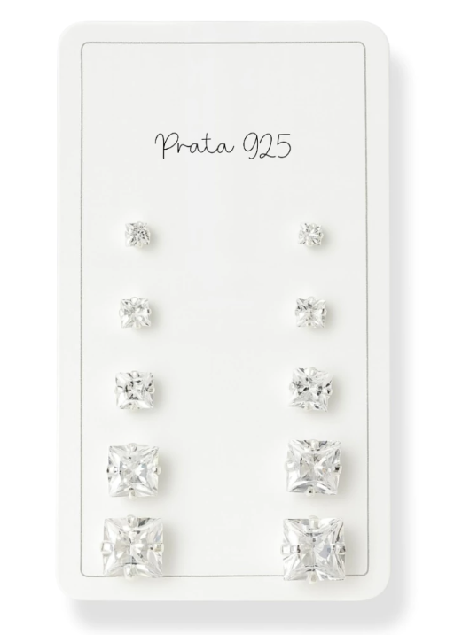 Kit Quíntuplo 5 Pares Brincos Zircônia Quadrada - Prata 925