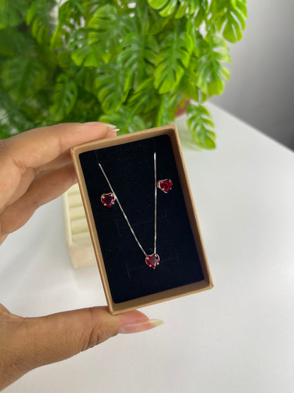 Conjunto Coração Vermelho 6mm - Prata 925