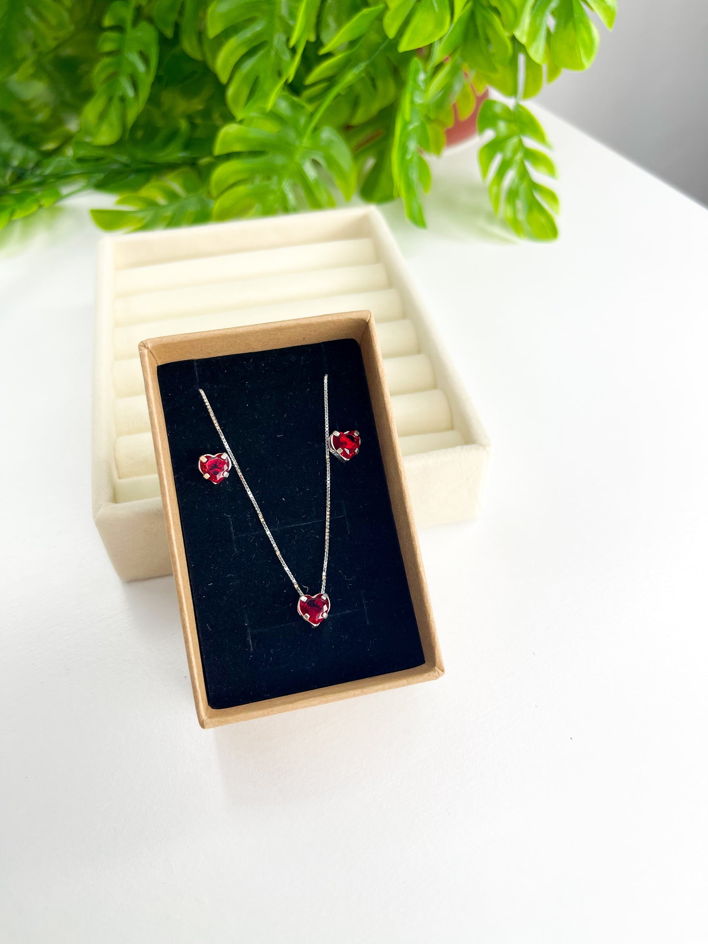 Conjunto Coração Vermelho 6mm - Prata 925