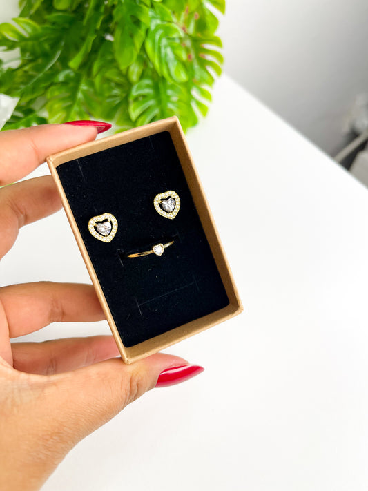 Conjunto Coração cravejado - anel e brincos - Aço inoxidável